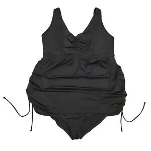 Cacique Swim Dress Womens Size 26 One Piece Side Ruched Adjustable V Neck Black